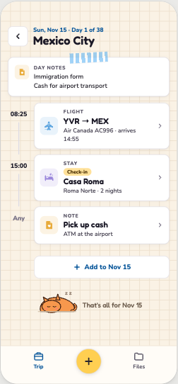 Preview of a day in the iPhone app: a flight, a hotel check-in and a note, by time