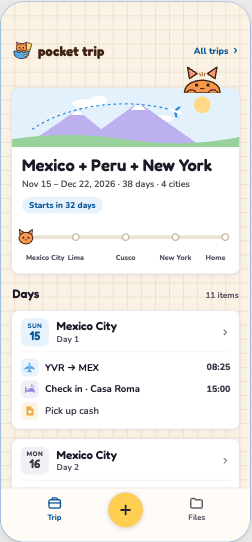 Preview of the Pocket Trip iPhone app: a trip to Mexico, Peru and New York with its days