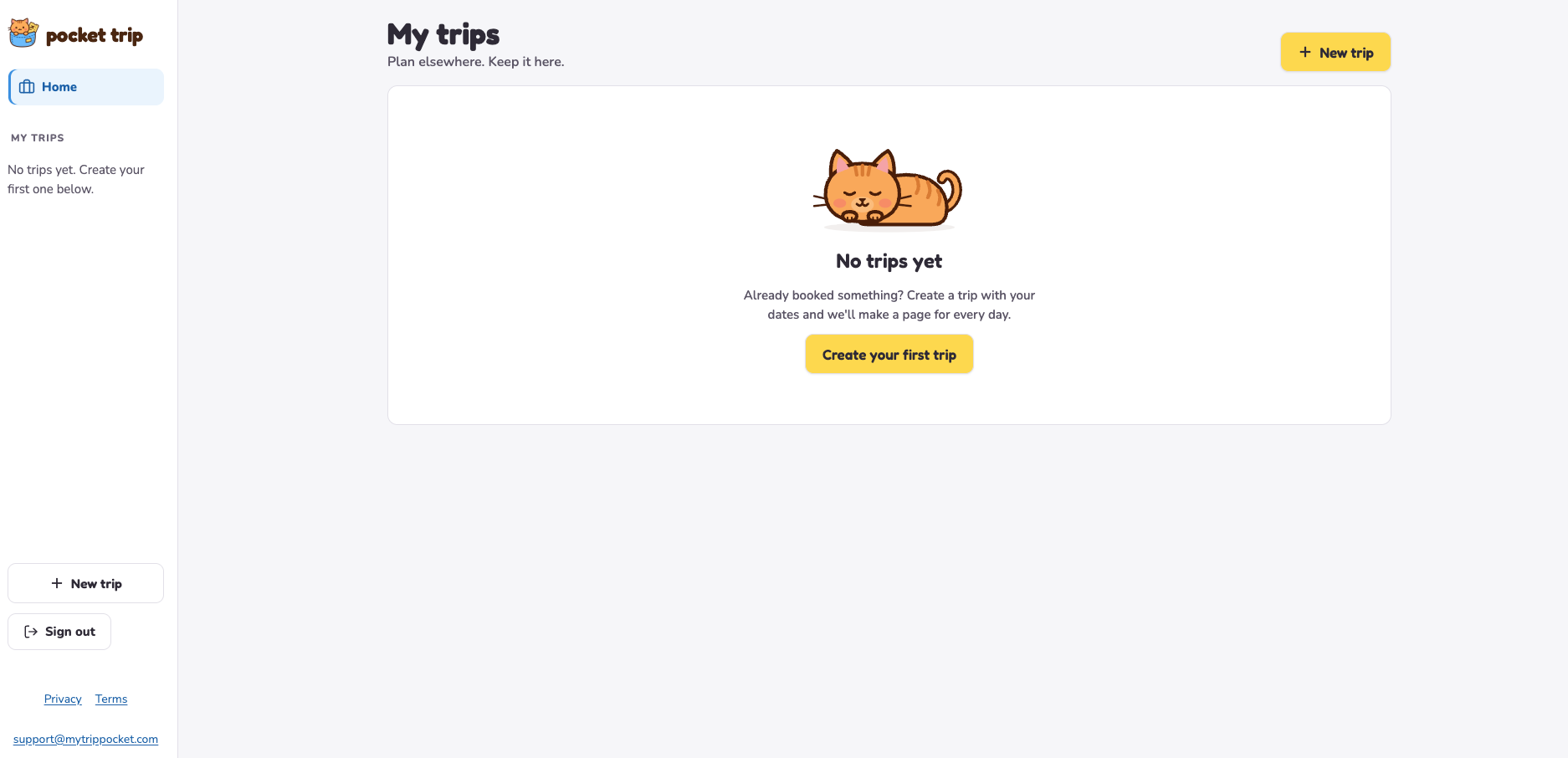 Pocket Trip on the web: the My trips page with its sleeping ginger cat
